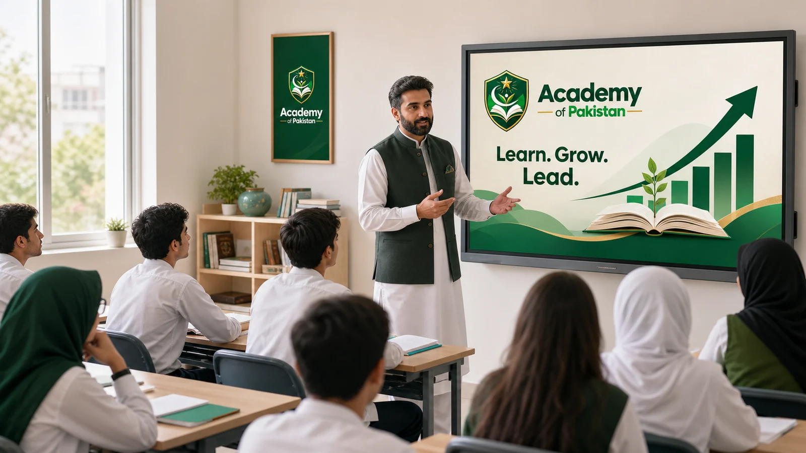 Academy of Pakistan classroom with a teacher presenting a learning poster