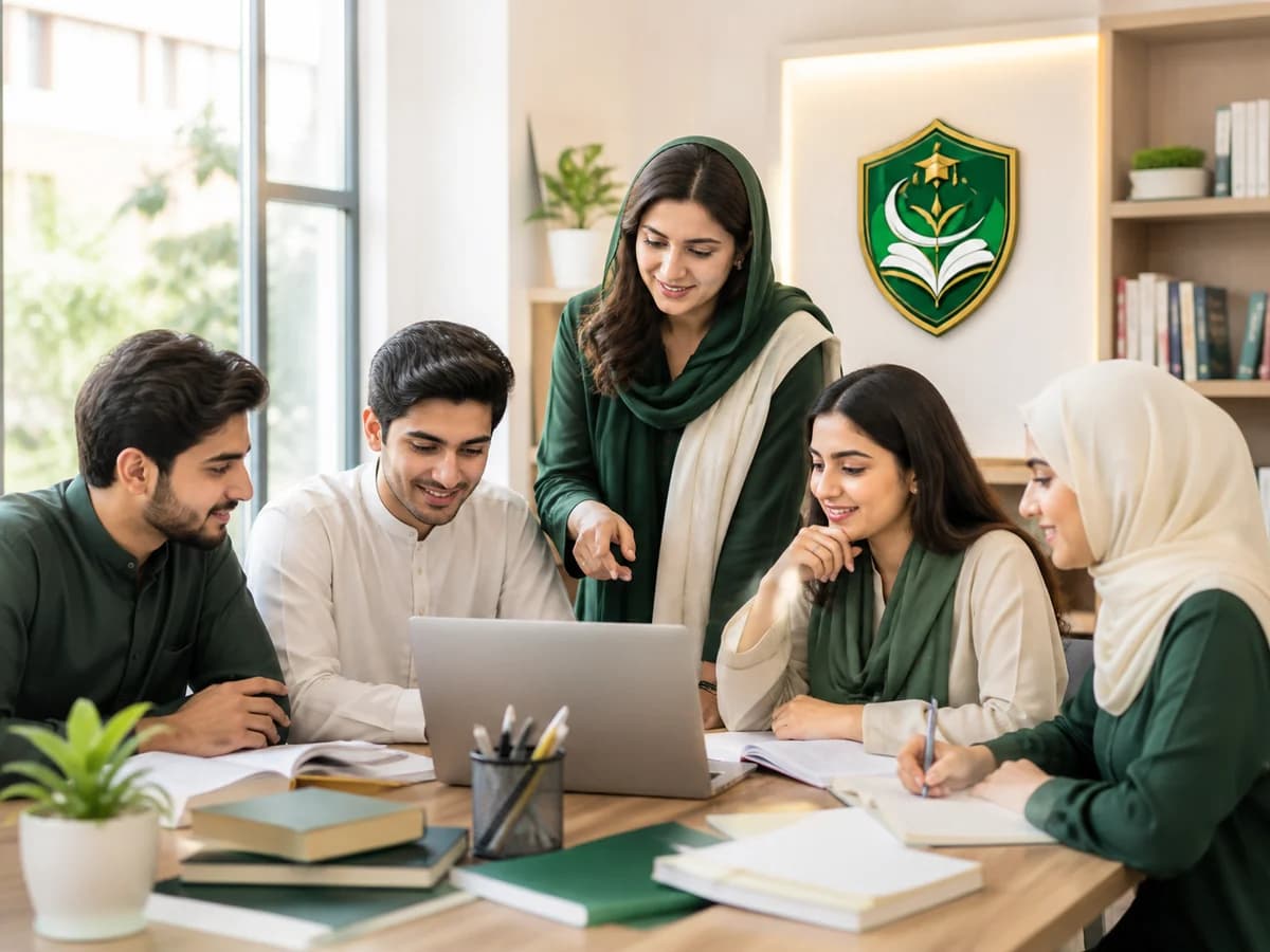 Pakistani students learning together beneath the Academy of Pakistan shield